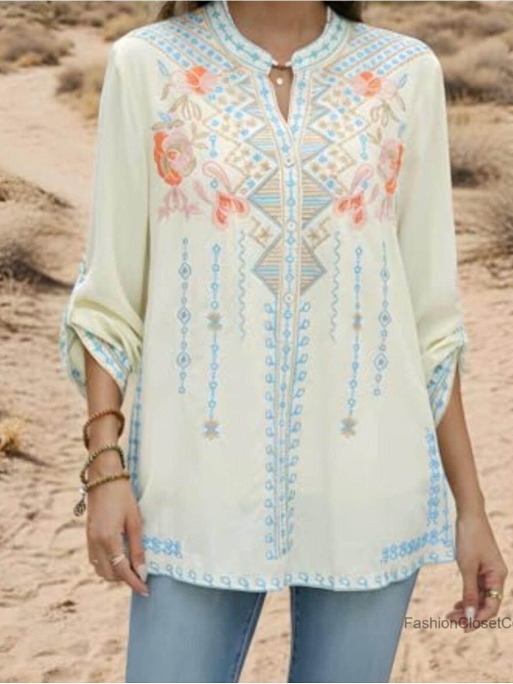 Laura Klein Boho Embroidered Tunic Top Cream Floral Southwest Peasant Blouse XL - Picture 2 of 11
